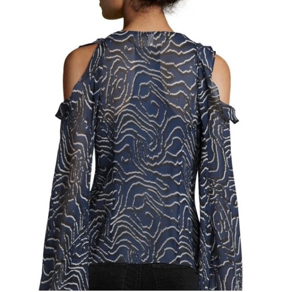 10 Crosby Derek Lam ruffled open shoulder belle sleeve sheer silk blouse blue 2 - Picture 3 of 12